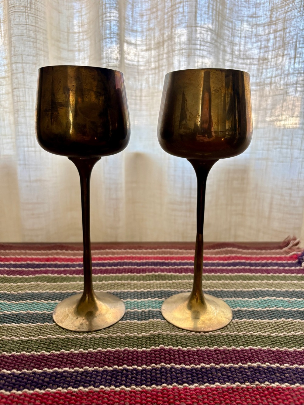 Brass Goblet Pair - Tall Stem Metallic Wine Cups